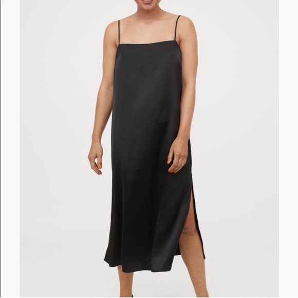 H&M Black Satin Sleeveless Slip Midi Dress Classic Side Slits - Picture 1 of 12